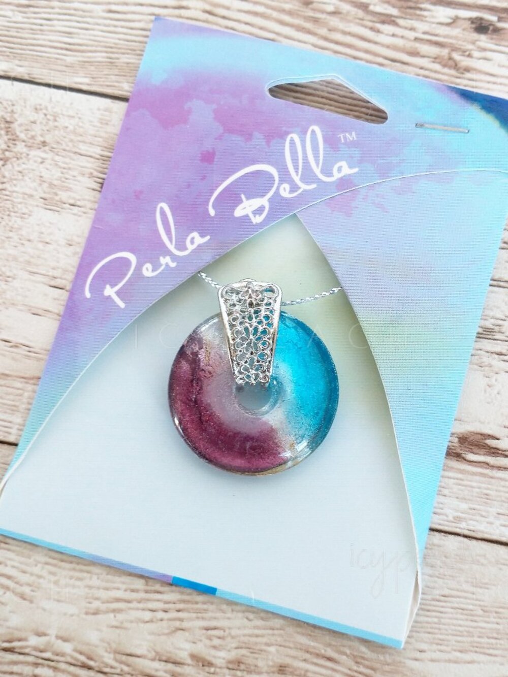 Cousin Corp Perla Bella Glass Donut Pendant 28mm New Round w/Silver Filigree